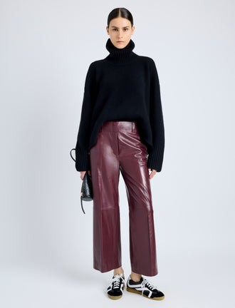 Proenza Schouler Front full length image of model wearing Noland Pant in Leather in OX BLOOD