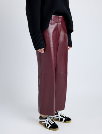 Proenza Schouler Detail image of model wearing Noland Pant in Leather in OX BLOOD