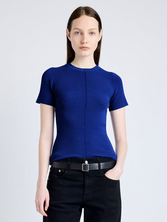 Proenza Schouler Front cropped image of model wearing Sky Top in Matte Viscose Crepe in BLUE