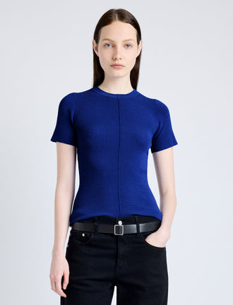 Proenza Schouler Front cropped image of model wearing Sky Top in Matte Viscose Crepe in BLUE