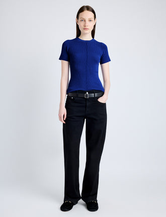 Proenza Schouler Front image of model wearing Sky Top in Matte Viscose Crepe in BLUE