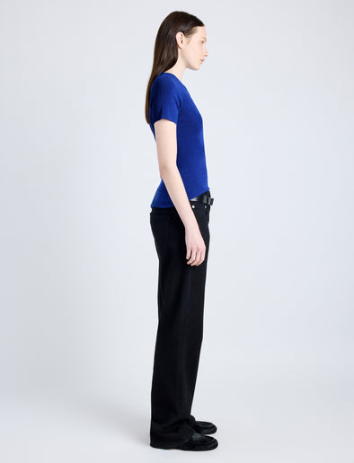 Proenza Schouler Side image of model wearing Sky Top in Matte Viscose Crepe in BLUE