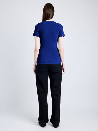 Proenza Schouler Back image of model wearing Sky Top in Matte Viscose Crepe in BLUE