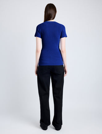 Proenza Schouler Back image of model wearing Sky Top in Matte Viscose Crepe in BLUE