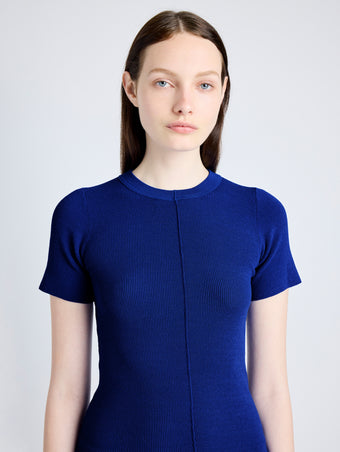 Proenza Schouler Detail image of model wearing Sky Top in Matte Viscose Crepe in BLUE