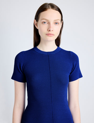 Proenza Schouler Detail image of model wearing Sky Top in Matte Viscose Crepe in BLUE
