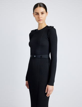 Proenza Schouler Detail image of model wearing Lauryn Dress in Silk Viscose Knit in BLACK