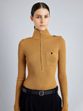 Proenza Schouler Detail image of model wearing Norah Top in Silk Viscose Knit in DARK CAMEL