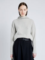 Proenza Schouler Front cropped image of model wearing Greta Sweater in Lofty Eco Cashmere in LIGHT GREY MELANGE