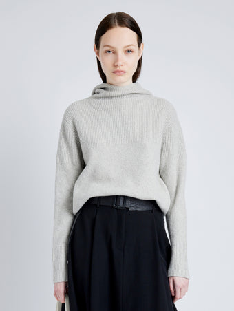 Proenza Schouler Front cropped image of model wearing Greta Sweater in Lofty Eco Cashmere in LIGHT GREY MELANGE