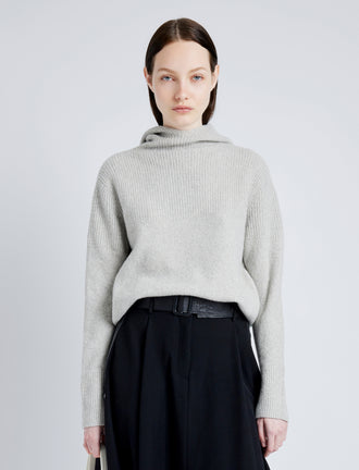 Proenza Schouler Front cropped image of model wearing Greta Sweater in Lofty Eco Cashmere in LIGHT GREY MELANGE