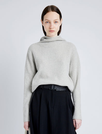 Proenza Schouler Front cropped image of model wearing Greta Sweater in Lofty Eco Cashmere in LIGHT GREY MELANGE