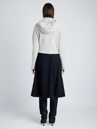 Proenza Schouler Back full length image of model wearing Greta Sweater in Lofty Eco Cashmere in LIGHT GREY MELANGE