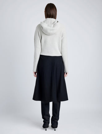 Proenza Schouler Back full length image of model wearing Greta Sweater in Lofty Eco Cashmere in LIGHT GREY MELANGE