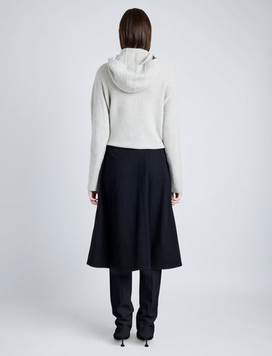 Proenza Schouler Back full length image of model wearing Greta Sweater in Lofty Eco Cashmere in LIGHT GREY MELANGE