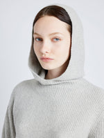 Proenza Schouler Detail image of model wearing Greta Sweater in Lofty Eco Cashmere in LIGHT GREY MELANGE