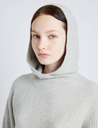 Proenza Schouler Detail image of model wearing Greta Sweater in Lofty Eco Cashmere in LIGHT GREY MELANGE