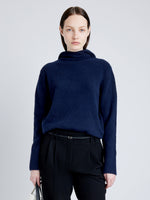 Proenza Schouler Front cropped image of model wearing Greta Sweater in Lofty Eco Cashmere in NAVY