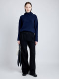 Proenza Schouler Front full length image of model wearing Greta Sweater in Lofty Eco Cashmere in NAVY