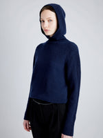 Proenza Schouler Detail image of model wearing Greta Sweater in Lofty Eco Cashmere in NAVY