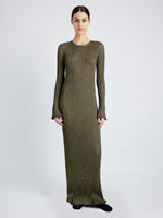 Proenza Schouler Front full length image of model wearing Joni Dress in Metallic Rib in GOLD