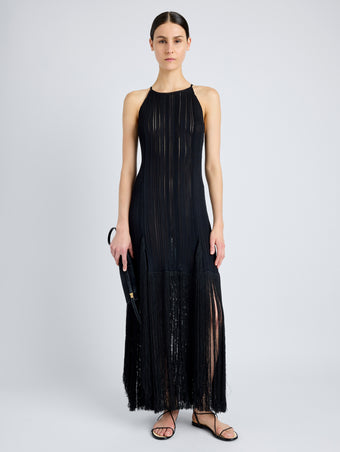 Proenza Schouler Front full length image of model wearing Everly Dress in Vicose Fringe Knit in BLACK