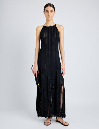 Proenza Schouler Front full length image of model wearing Everly Dress in Vicose Fringe Knit in BLACK