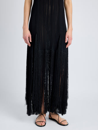 Proenza Schouler Detail image of model wearing Everly Dress in Vicose Fringe Knit in BLACK