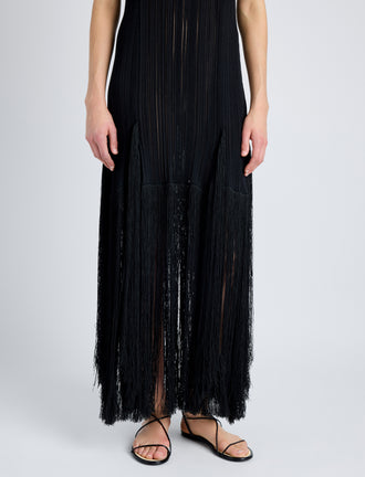 Proenza Schouler Detail image of model wearing Everly Dress in Vicose Fringe Knit in BLACK
