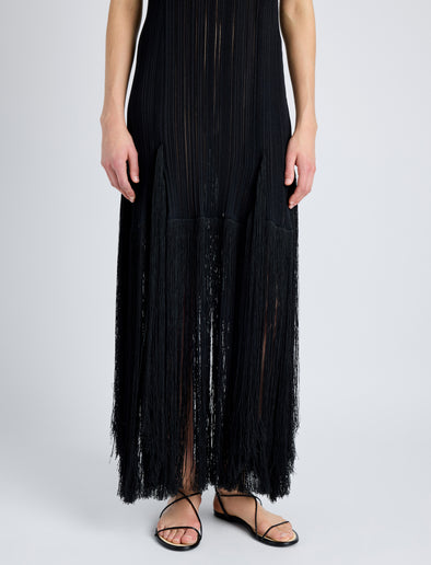 Proenza Schouler Detail image of model wearing Everly Dress in Vicose Fringe Knit in BLACK