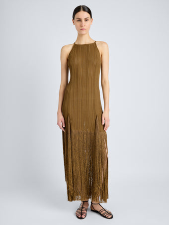 Proenza Schouler Front full length image of model wearing Everly Dress in Vicose Fringe Knit in CHESTNUT