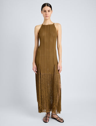 Proenza Schouler Front full length image of model wearing Everly Dress in Vicose Fringe Knit in CHESTNUT