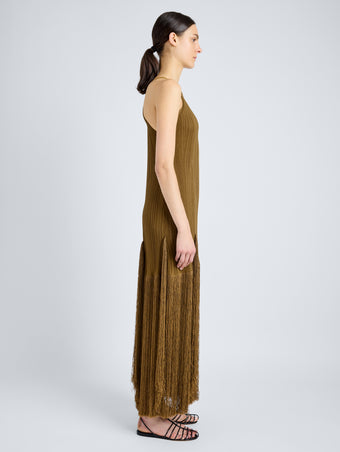 Proenza Schouler Side full length image of model wearing Everly Dress in Vicose Fringe Knit in CHESTNUT