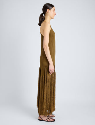 Proenza Schouler Side full length image of model wearing Everly Dress in Vicose Fringe Knit in CHESTNUT
