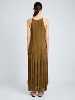 Proenza Schouler Back full length image of model wearing Everly Dress in Vicose Fringe Knit in CHESTNUT