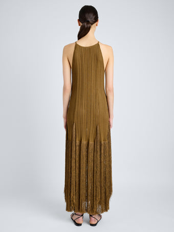 Proenza Schouler Back full length image of model wearing Everly Dress in Vicose Fringe Knit in CHESTNUT