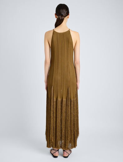 Proenza Schouler Back full length image of model wearing Everly Dress in Vicose Fringe Knit in CHESTNUT