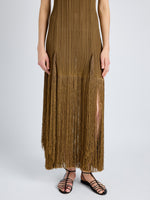 Proenza Schouler Detail image of model wearing Everly Dress in Vicose Fringe Knit in CHESTNUT