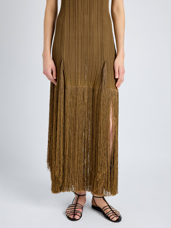 Proenza Schouler Detail image of model wearing Everly Dress in Vicose Fringe Knit in CHESTNUT