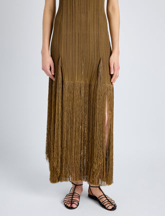 Proenza Schouler Detail image of model wearing Everly Dress in Vicose Fringe Knit in CHESTNUT