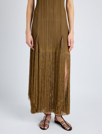 Proenza Schouler Detail image of model wearing Everly Dress in Vicose Fringe Knit in CHESTNUT