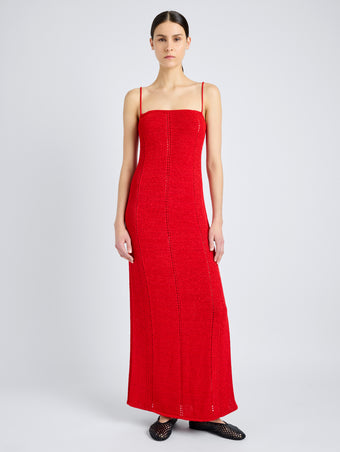 Proenza Schouler Front full length image of model wearing Suki Dress in Viscose Ribbon Knit in RED