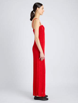 Proenza Schouler Side full length image of model wearing Suki Dress in Viscose Ribbon Knit in RED