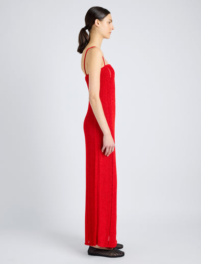 Proenza Schouler Side full length image of model wearing Suki Dress in Viscose Ribbon Knit in RED