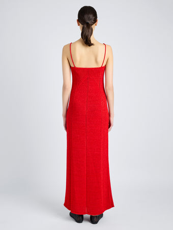 Proenza Schouler Back full length image of model wearing Suki Dress in Viscose Ribbon Knit in RED