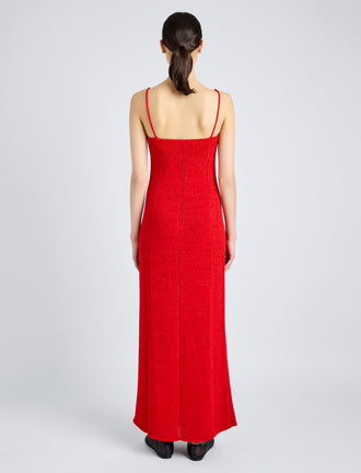Proenza Schouler Back full length image of model wearing Suki Dress in Viscose Ribbon Knit in RED