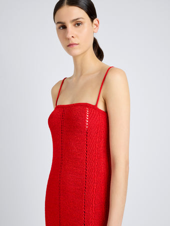 Proenza Schouler Detail image of model wearing Suki Dress in Viscose Ribbon Knit in RED