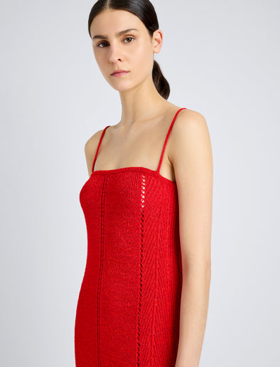 Proenza Schouler Detail image of model wearing Suki Dress in Viscose Ribbon Knit in RED