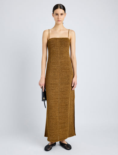 Proenza Schouler Front full length image of model wearing Suki Dress in Viscose Ribbon Knit in OCHRE