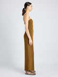 Proenza Schouler Side full length image of model wearing Suki Dress in Viscose Ribbon Knit in OCHRE